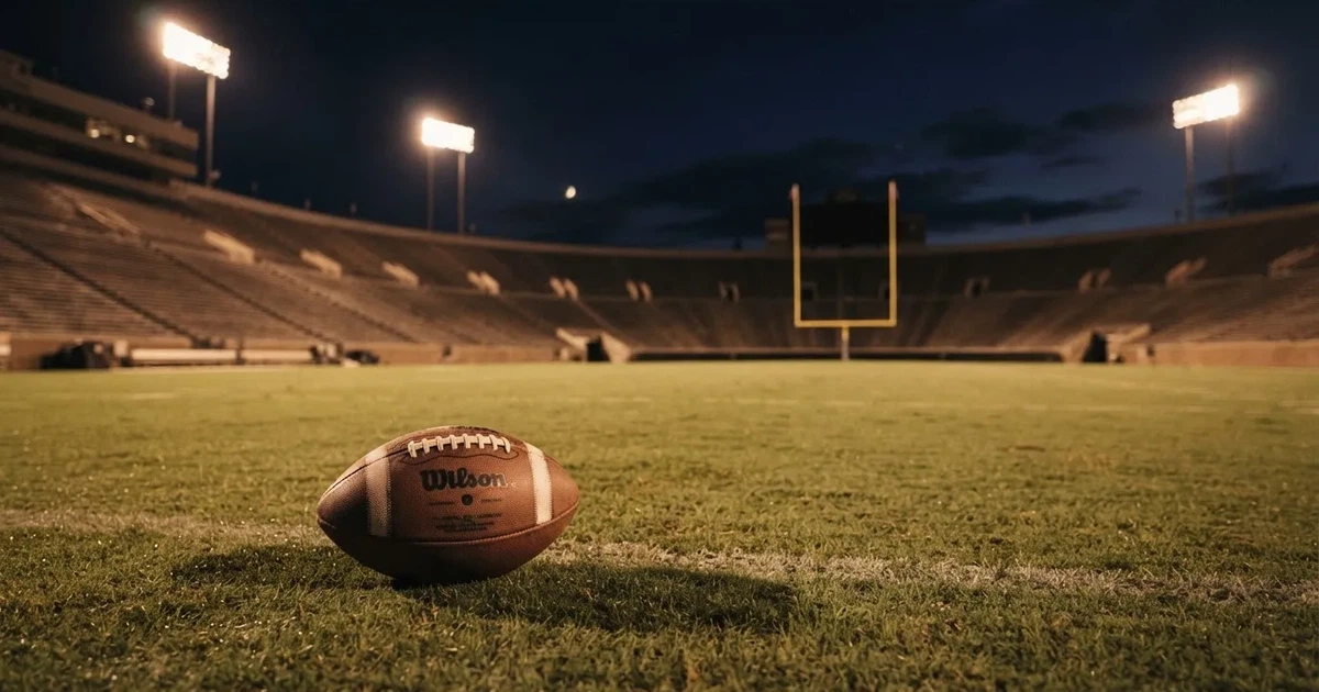 Ein American Football liegt auf dem Rasen eines leeren Stadions unter Flutlicht, die Torstangen ragen im Hintergrund auf.