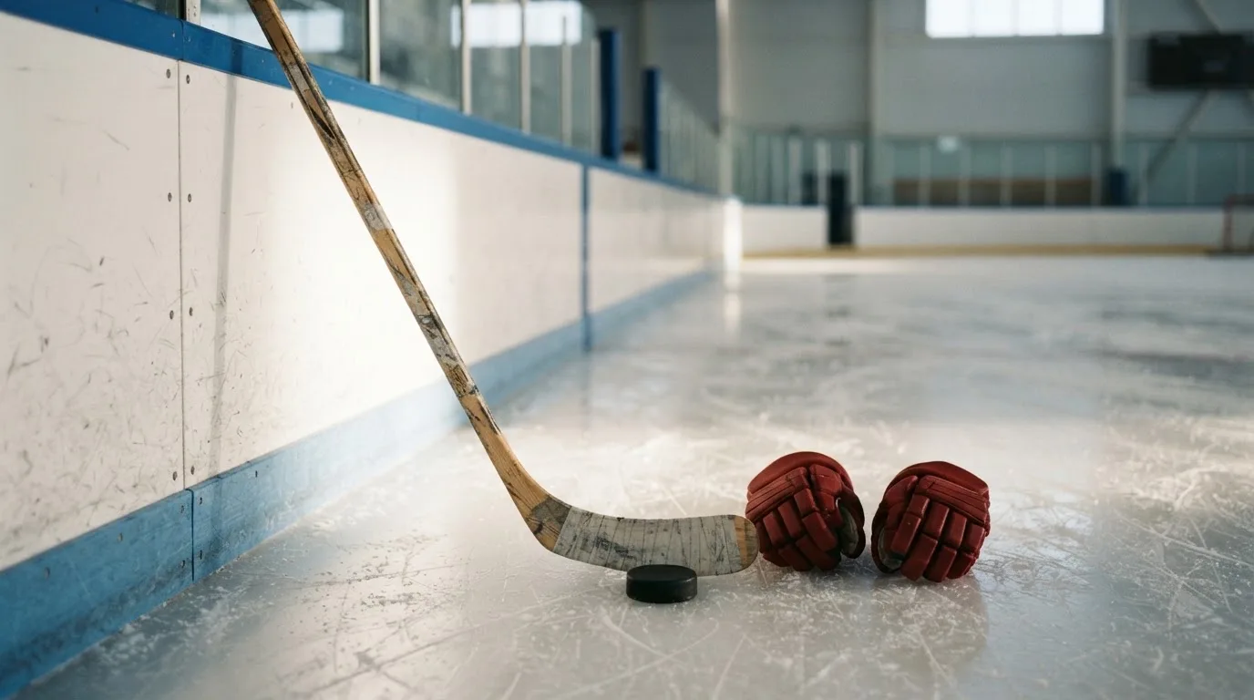Ein Eishockeyschläger lehnt an einer Bande, daneben liegen ein Puck und ein Paar Handschuhe in einer Eishalle.