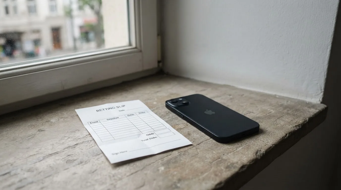 Ein leerer Wettschein aus Papier und ein Smartphone mit dunklem Display liegen auf einer Fensterbank im Tageslicht.