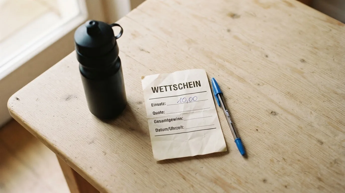 Ein leerer Wettschein aus Papier liegt neben einer Trinkflasche und einem Stift auf einem Tisch.