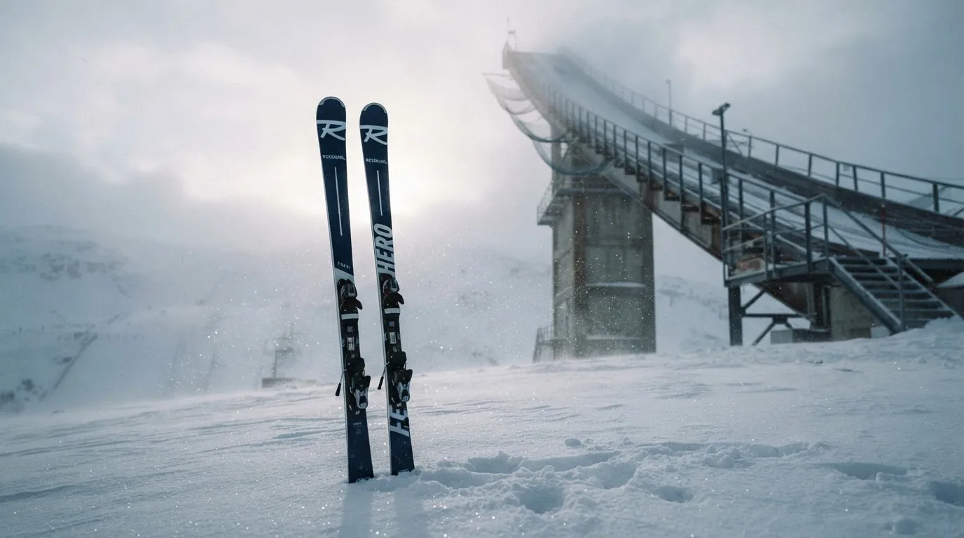 Ein Paar Skier steckt aufrecht im Schnee neben einem Anlaufturm, im Hintergrund wirbelt feiner Schnee im Wind.