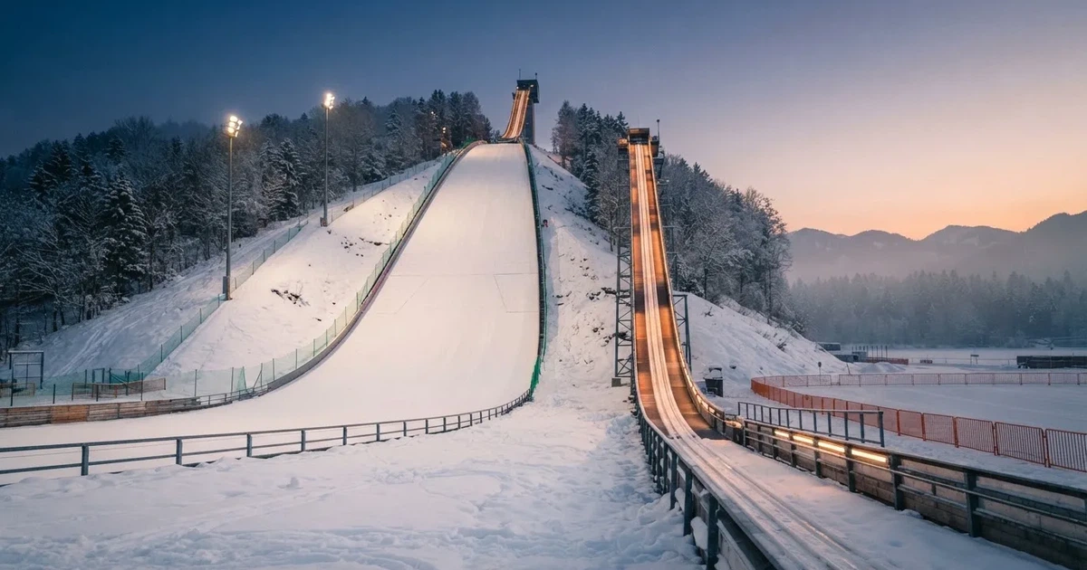 Eine Skisprungschanze im Schnee, von unten gesehen, vor einem klaren Winterhimmel in der Dämmerung, ohne Menschen.