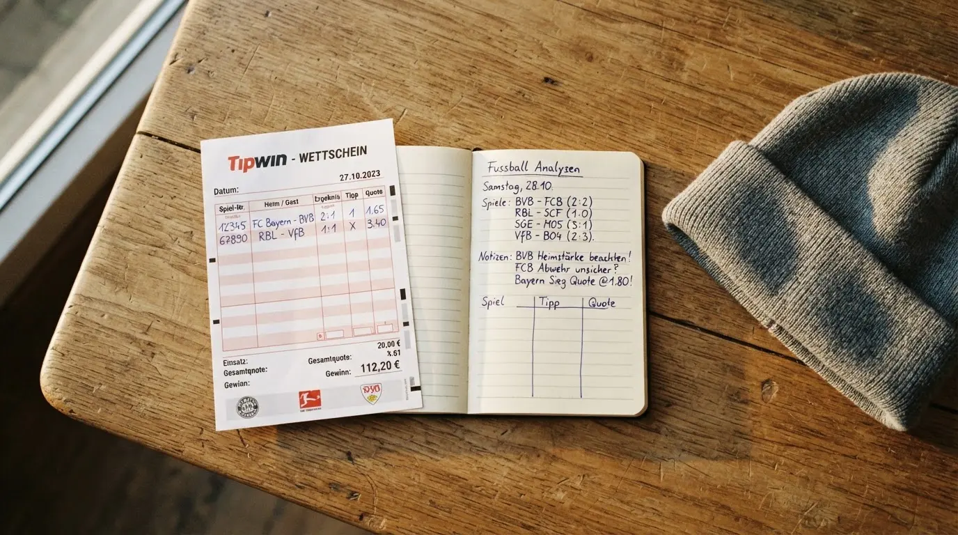 Ein leerer Wettschein aus Papier und ein Notizbuch liegen neben einer Wollmütze auf einem Holztisch.