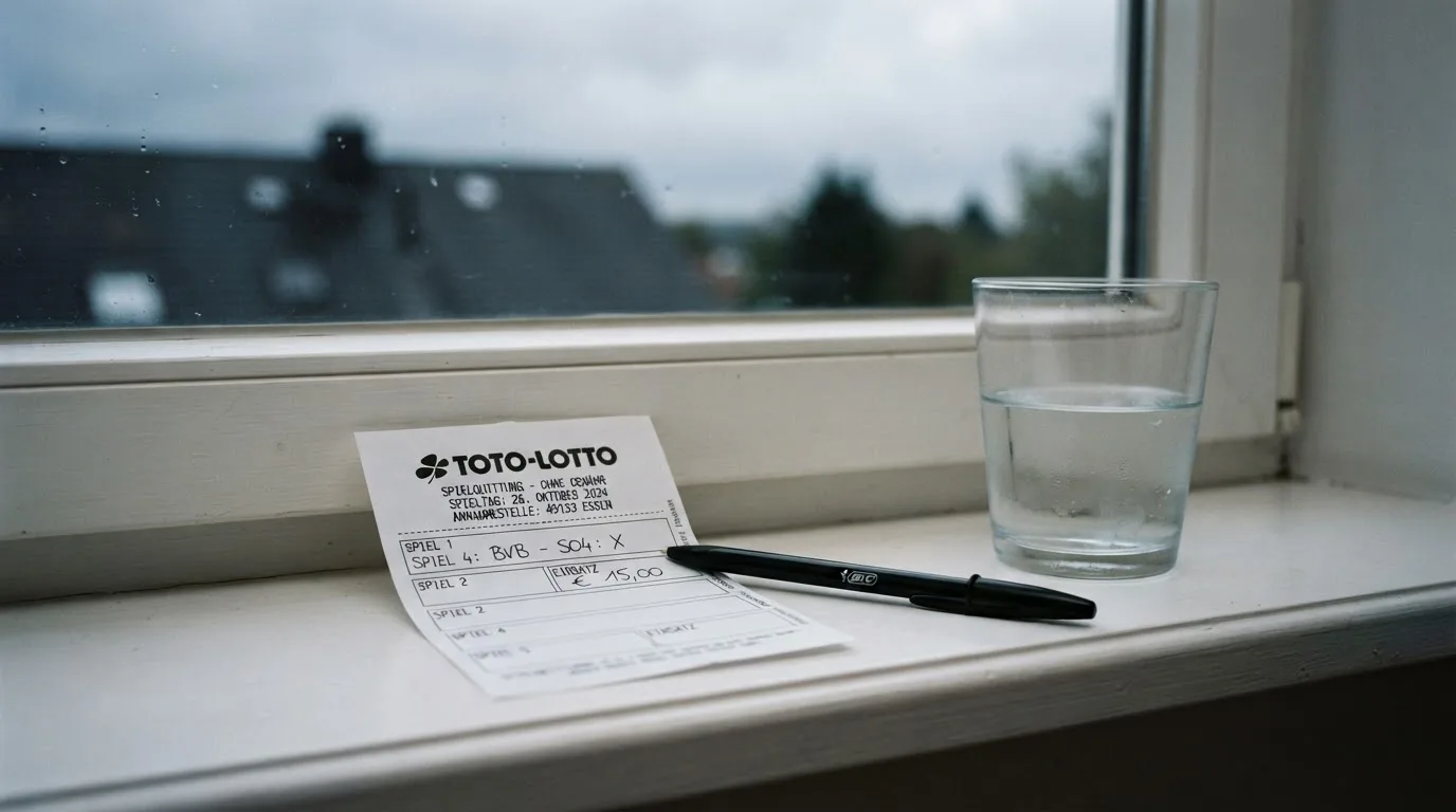 Ein leerer Wettschein aus Papier und ein Kugelschreiber liegen neben einem Glas Wasser auf einer Fensterbank.