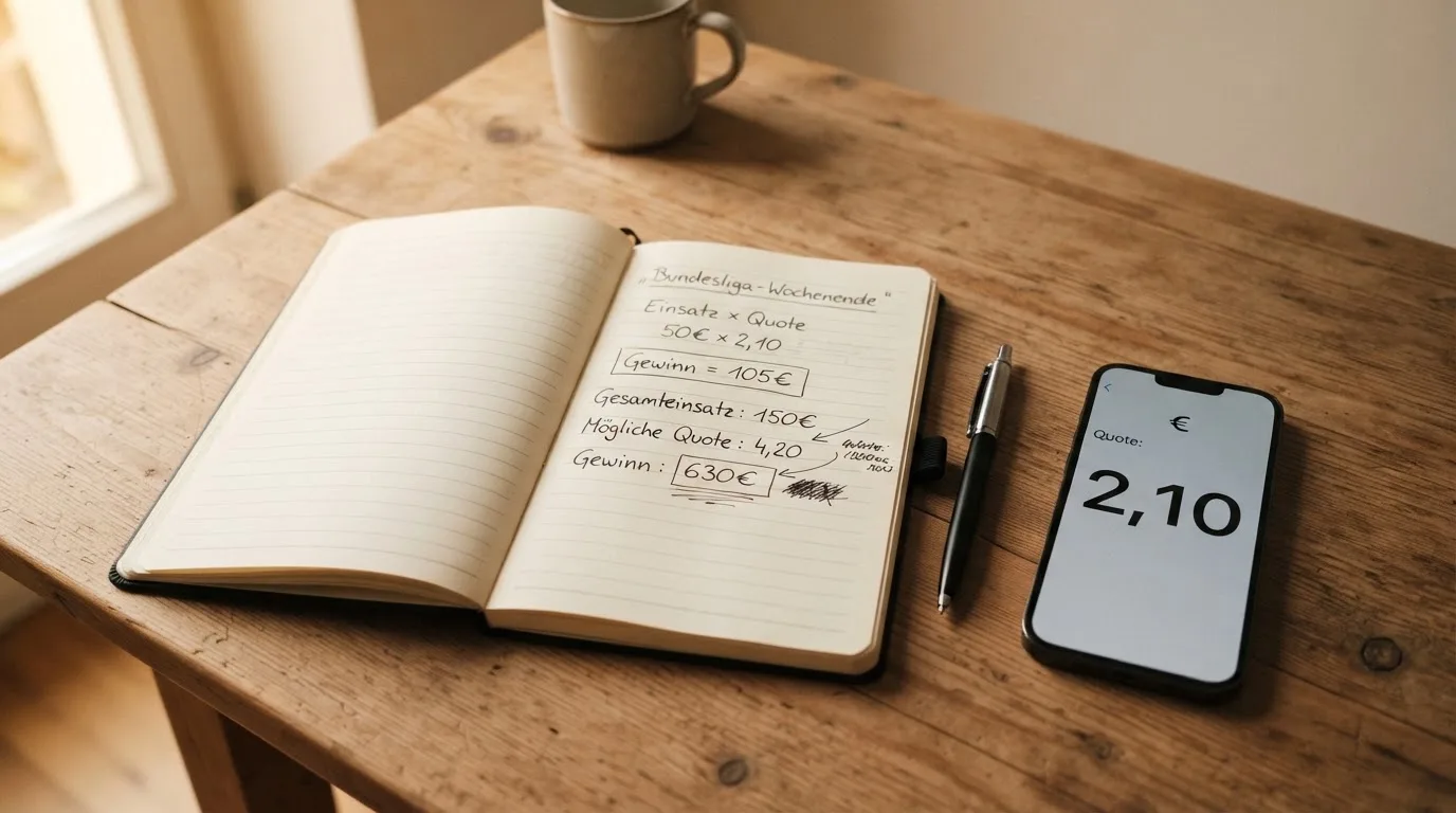 Ein aufgeschlagenes Notizbuch mit handschriftlichen Rechnungen liegt neben Stift und Smartphone auf einem Holztisch im Tageslicht.
