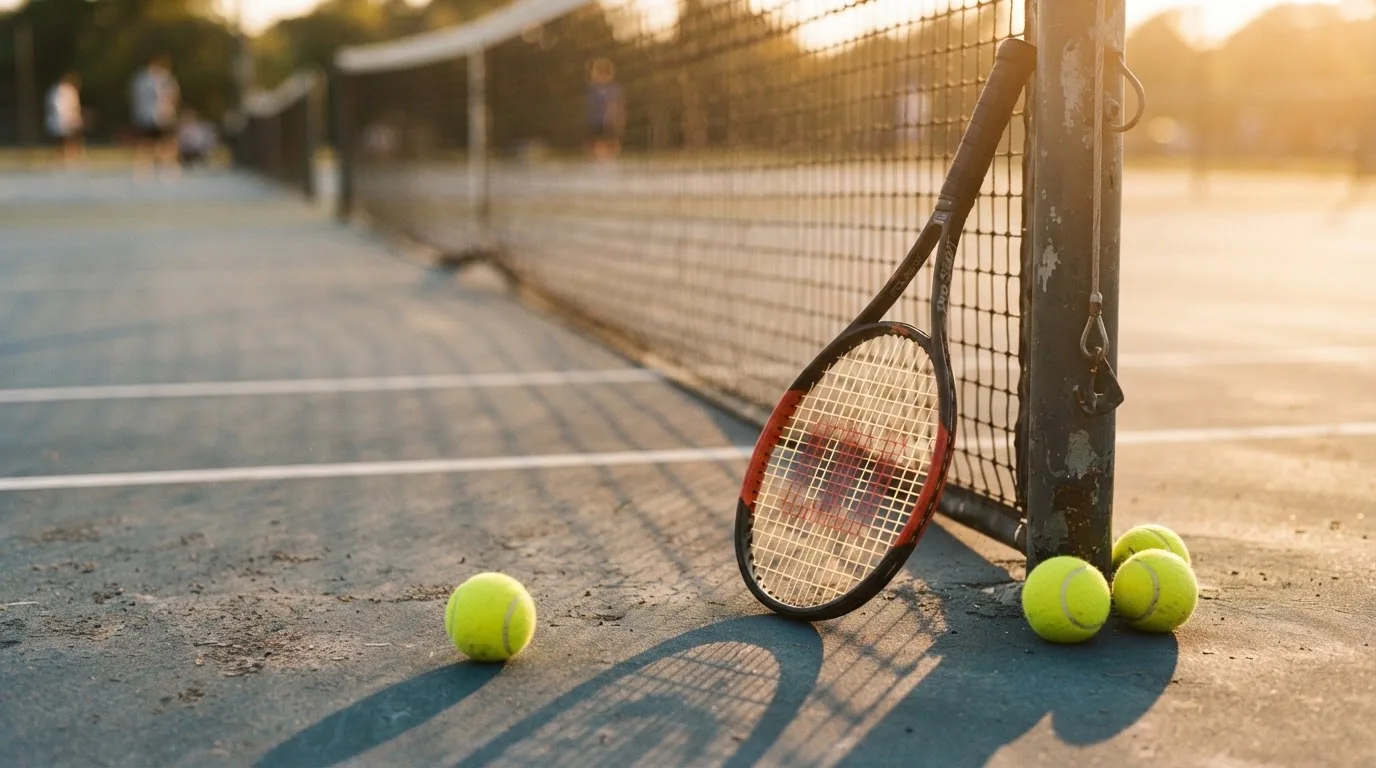 Ein Tennisschläger lehnt an einem Netzpfosten, daneben liegen drei Bälle auf einem Hartplatz in warmem Nachmittagslicht.