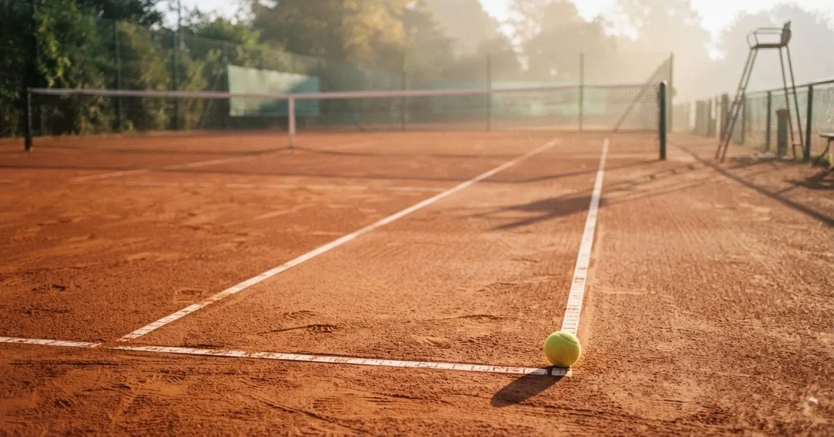 Ein Sandplatz am frühen Morgen mit frisch gezogenen Linien, einem Netz in der Mitte und einem gelben Ball auf der Grundlinie.