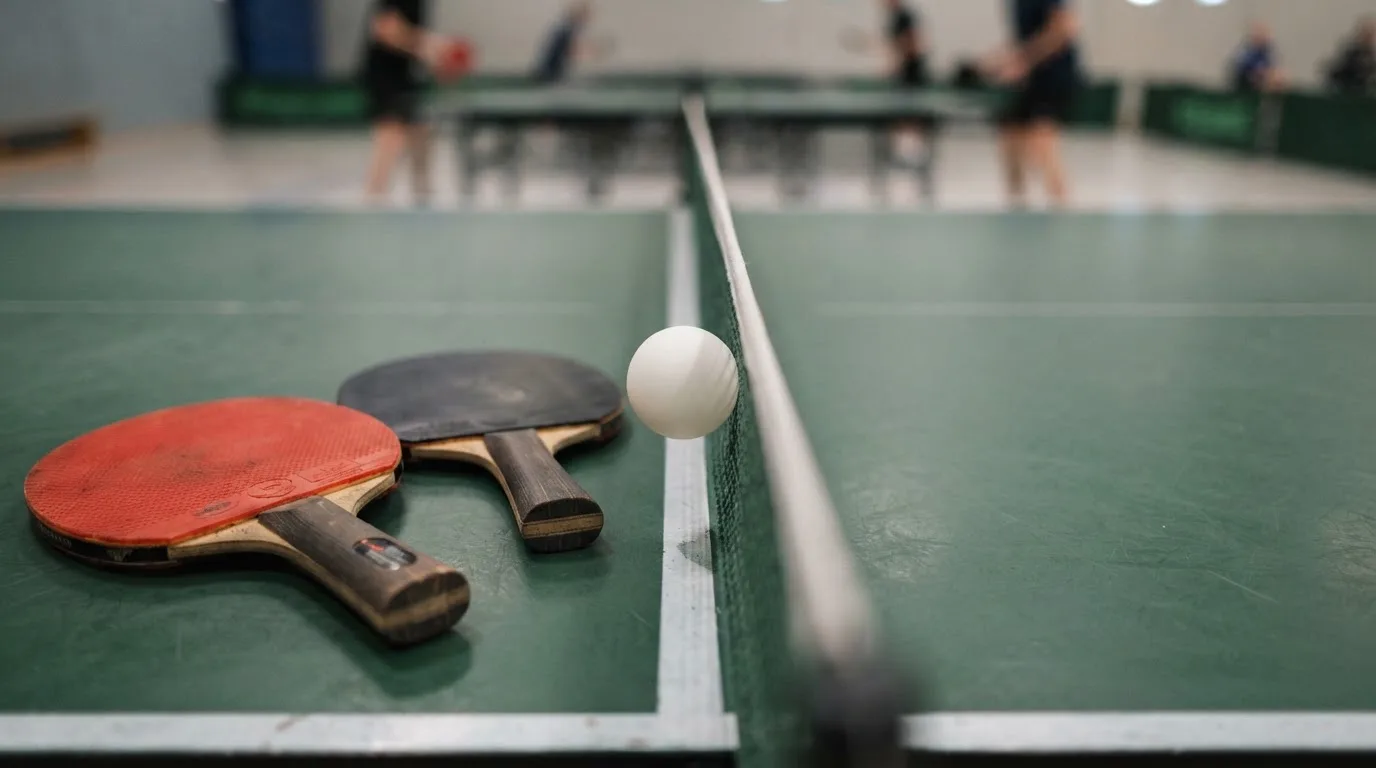 Ein weißer Ball liegt in Nahaufnahme auf der Netzkante einer Tischtennisplatte, daneben zwei Holzschläger mit rotem und schwarzem Belag.