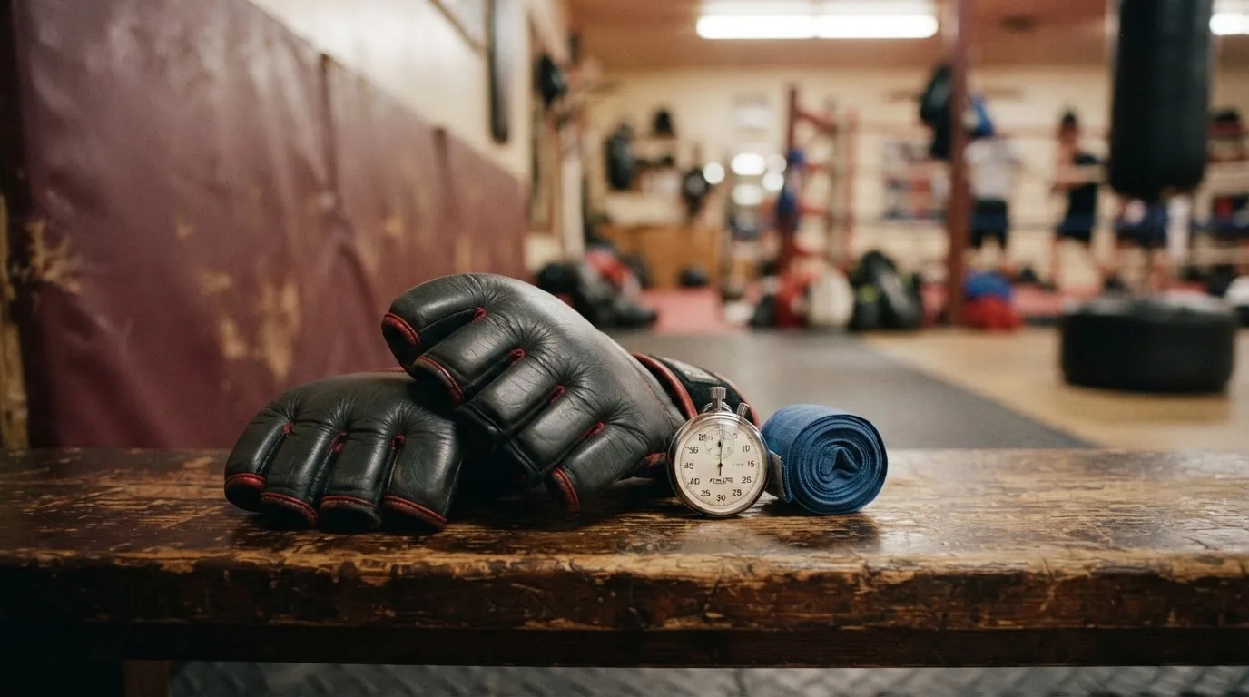 Ein Paar Kampfhandschuhe und eine Stoppuhr liegen auf einer Bank im Trainingsraum neben einer aufgerollten Handbandage.
