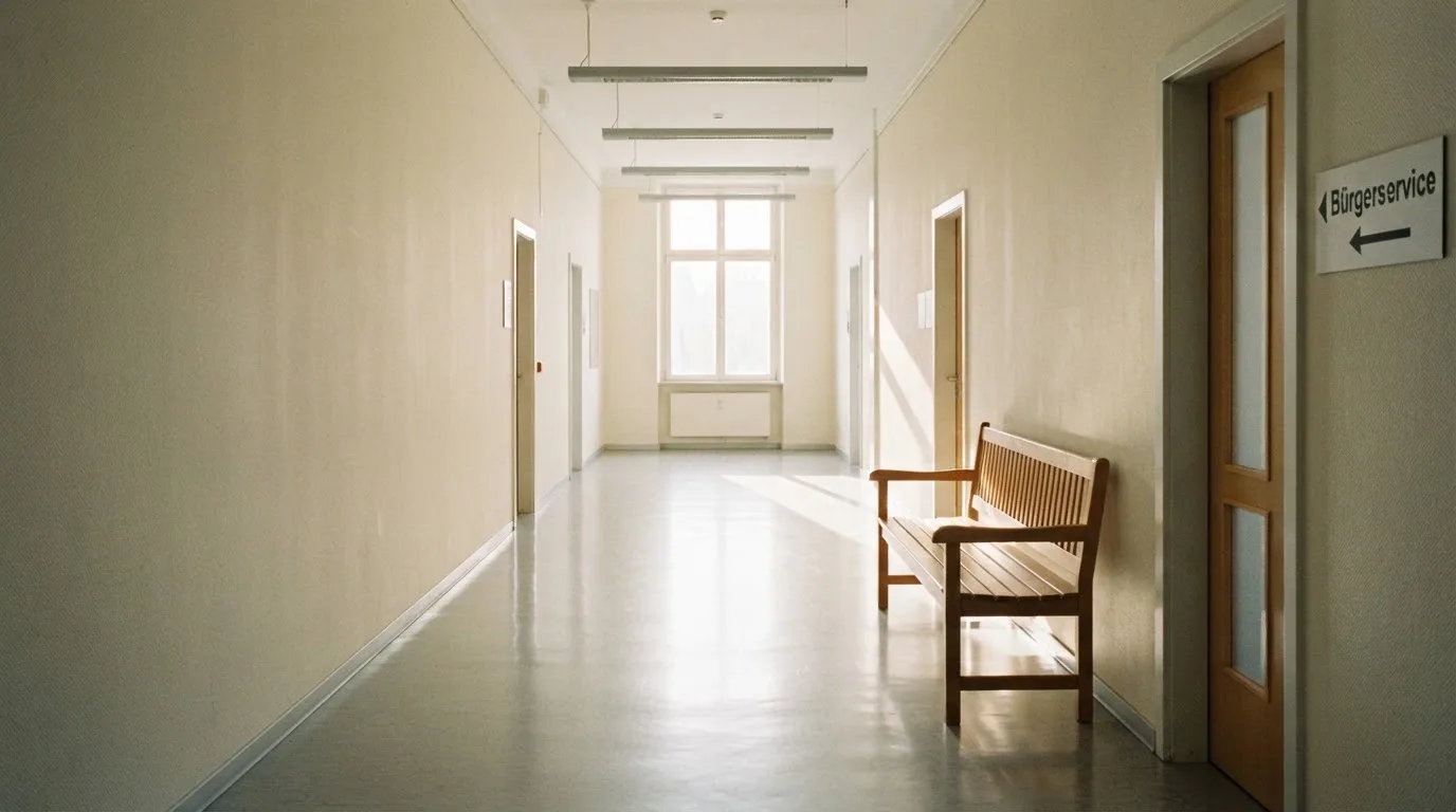Ein heller Flur in einem Verwaltungsgebäude mit einer leeren Holzbank und einem Fenster, durch das Morgenlicht fällt.
