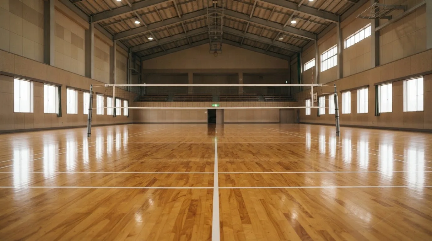 Eine leere Sporthalle mit gespanntem Volleyballnetz und glänzendem Parkett, durch hohe Fenster fällt Tageslicht.