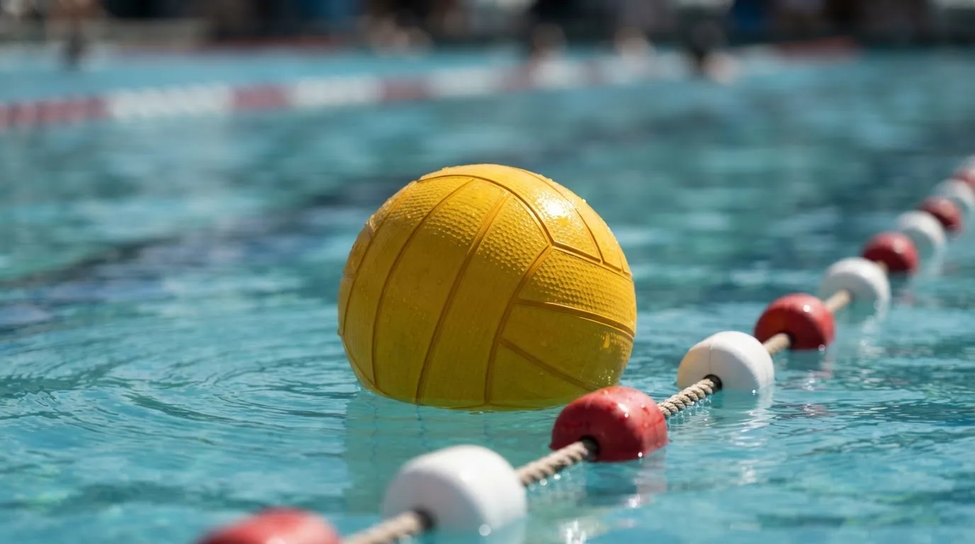 Ein gelber Wasserball treibt in Nahaufnahme auf der Wasseroberfläche neben einer Leine mit Bojen.