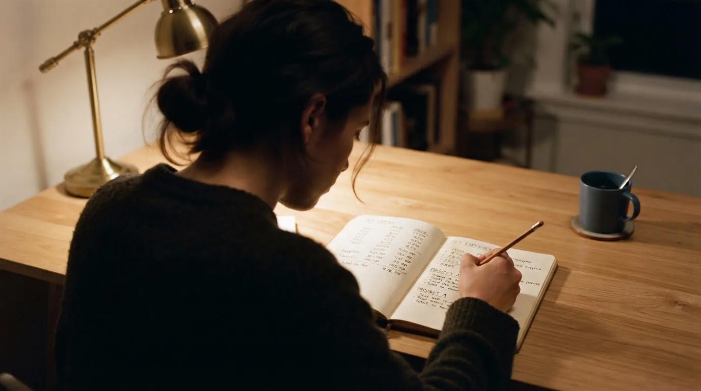 Ein Notizbuch mit handschriftlichen Spalten und einem Bleistift liegt auf einem Schreibtisch neben einem Taschenrechner.