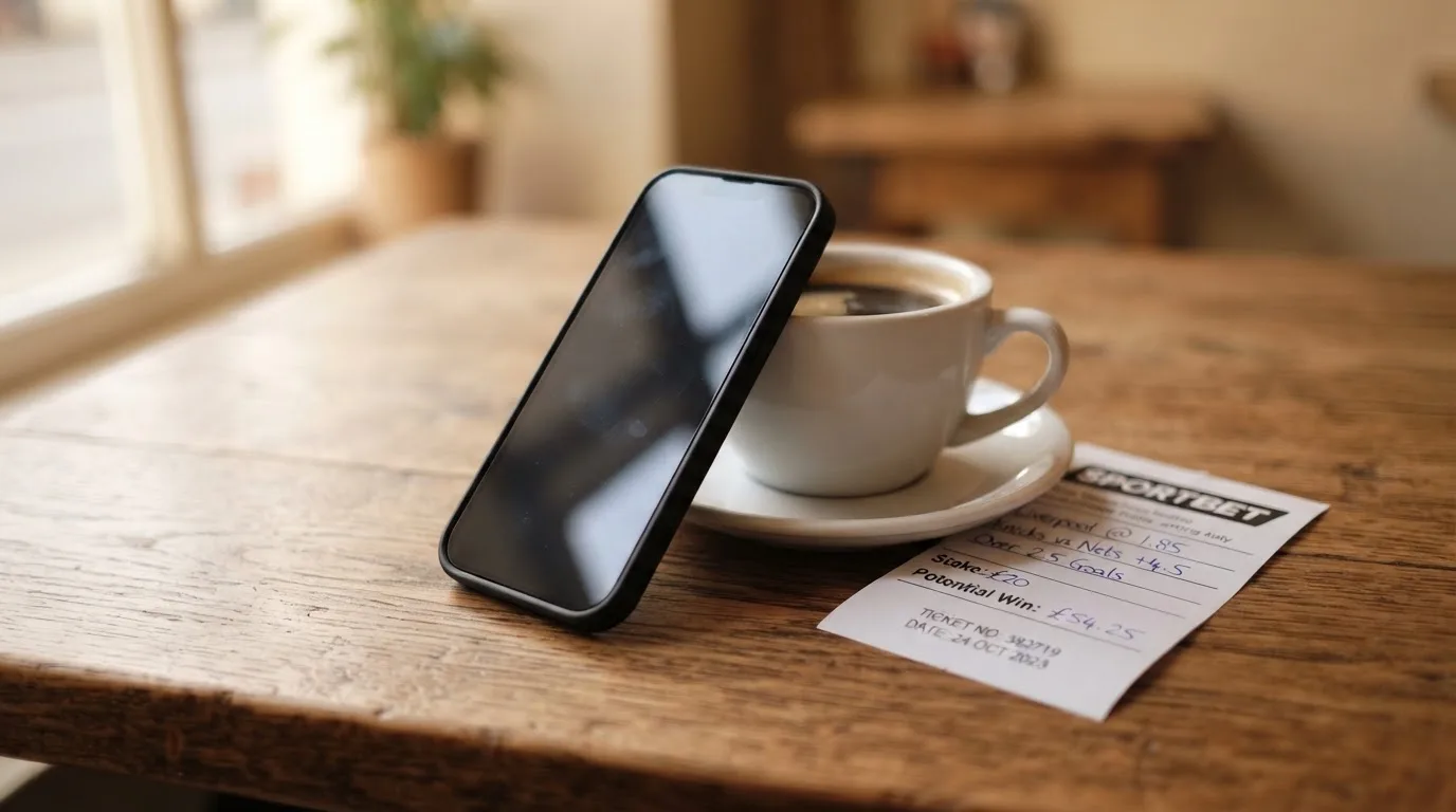 Ein Smartphone mit dunklem Bildschirm lehnt an einer Kaffeetasse auf einem Holztisch, daneben ein blanker Papier-Wettschein.