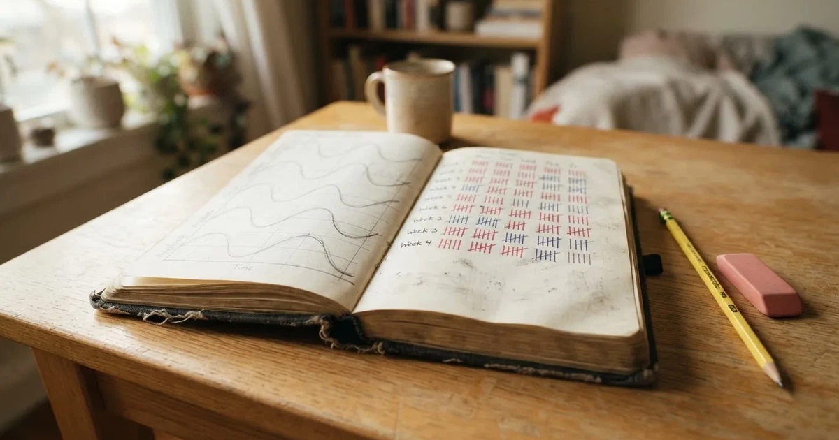 Ein Notizbuch mit handgezeichneten Kurven und Strichlisten liegt aufgeschlagen neben Bleistift und Radiergummi auf einem Schreibtisch im Tageslicht.