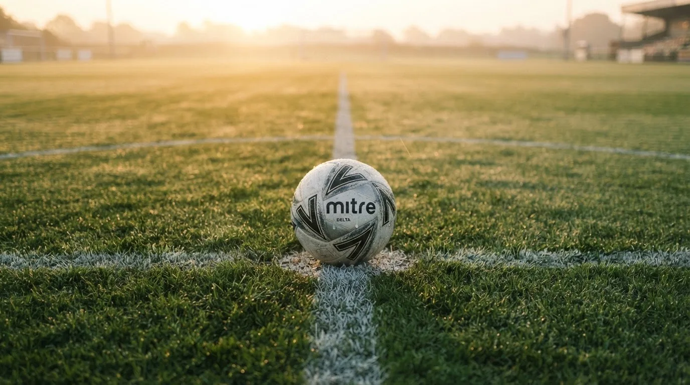 Ein Fußball liegt auf dem Anstoßpunkt eines Rasenplatzes im ersten Morgenlicht, Tau glänzt auf dem Gras.