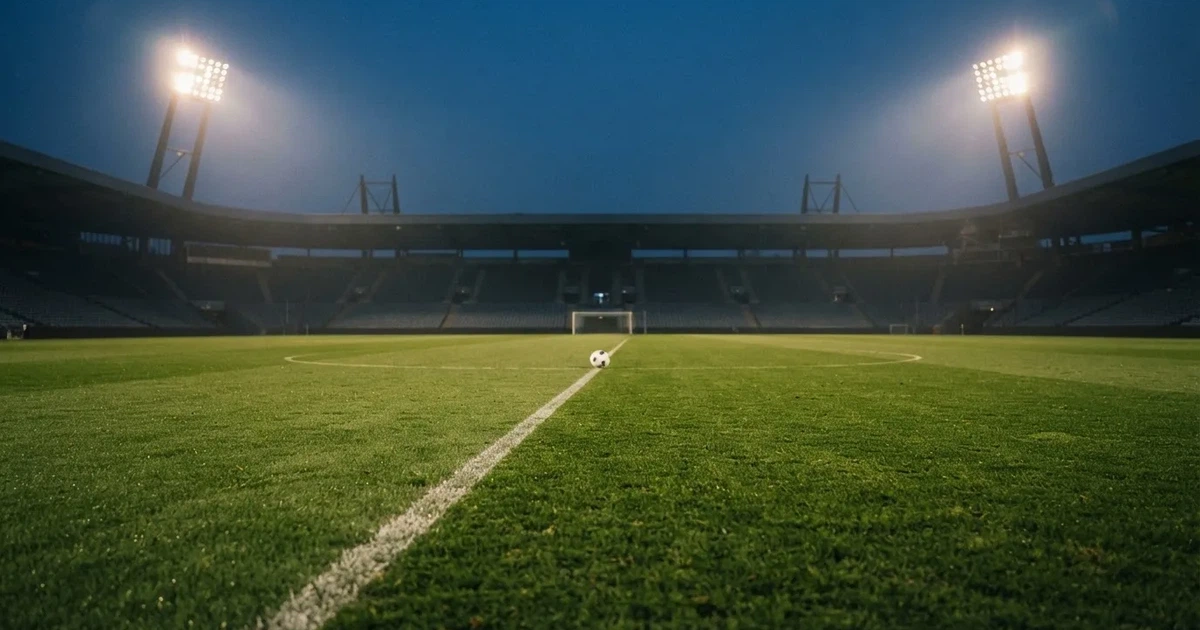 Ein Rasenplatz in der Dämmerung mit eingeschalteten Flutlichtmasten, ein Ball liegt am Anstoßpunkt, die Tribünen im Hintergrund sind unscharf.