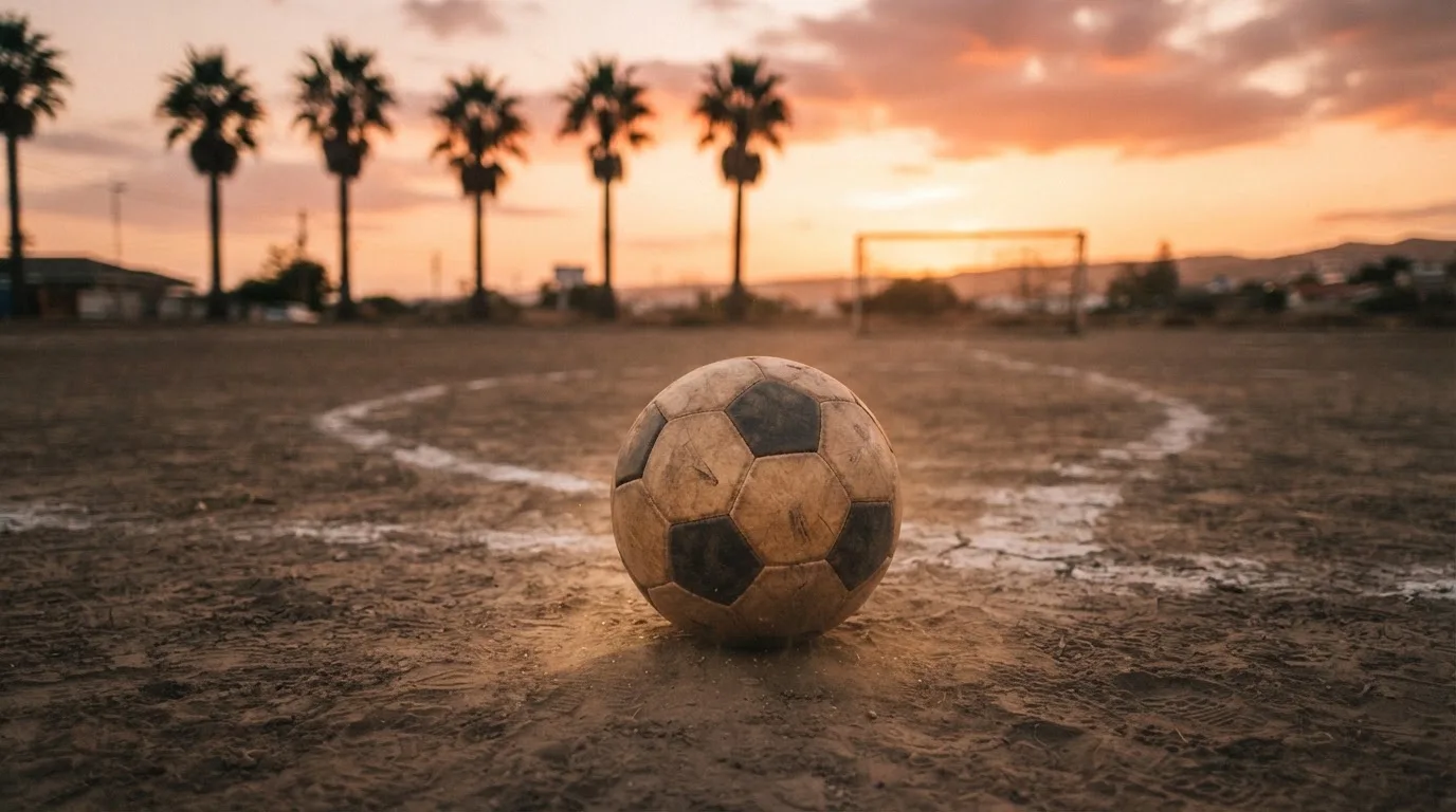 Ein Fußball liegt auf einem staubigen Bolzplatz mit Palmen im Hintergrund in warmem Abendlicht.