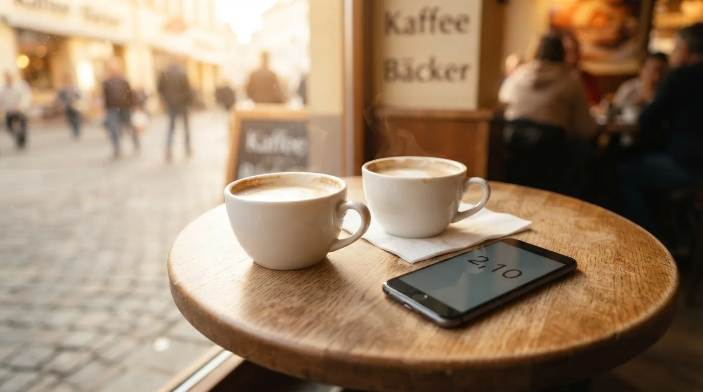 Zwei Kaffeetassen und ein dunkles Smartphone stehen auf einem Café-Tisch am Fenster im Morgenlicht.