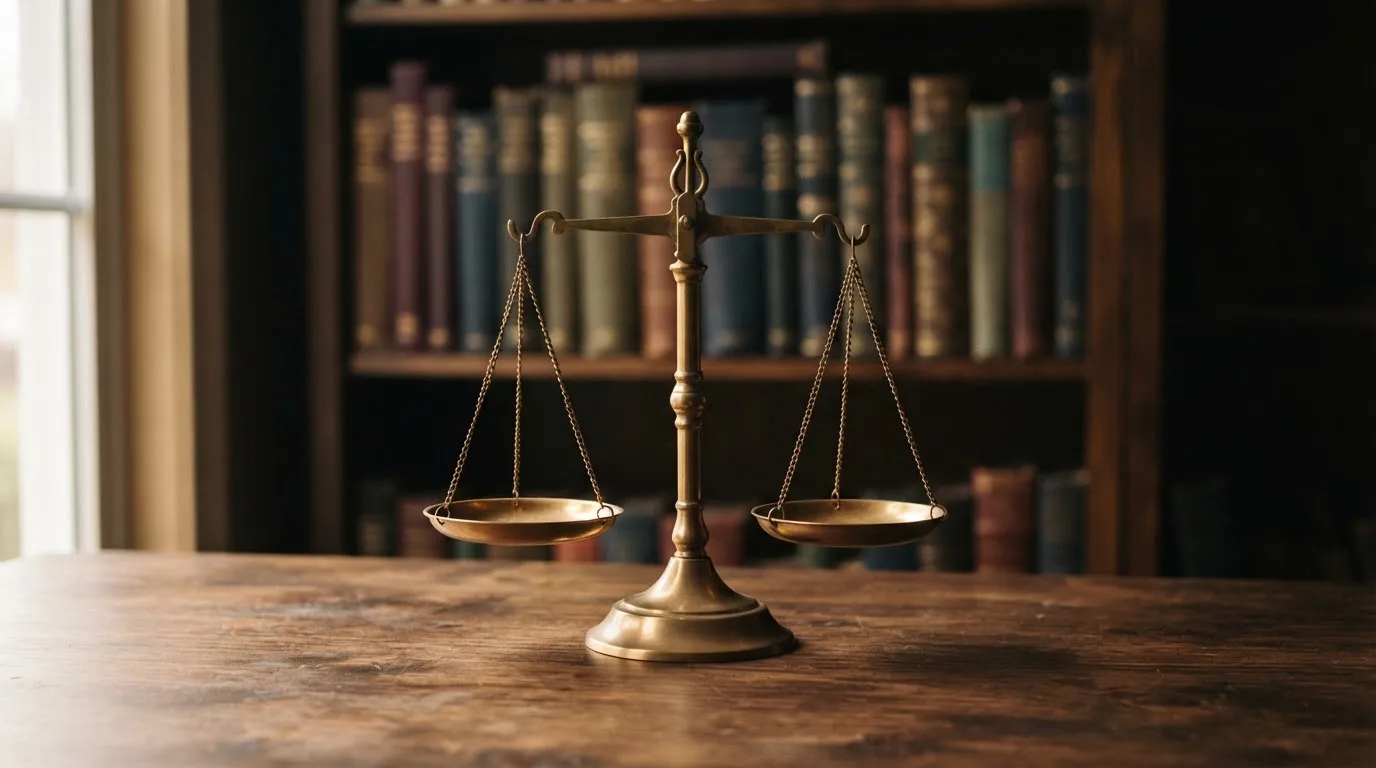 Eine Messingwaage steht auf einem dunklen Holztisch, dahinter eine unscharfe Regalwand mit geschlossenen Büchern.