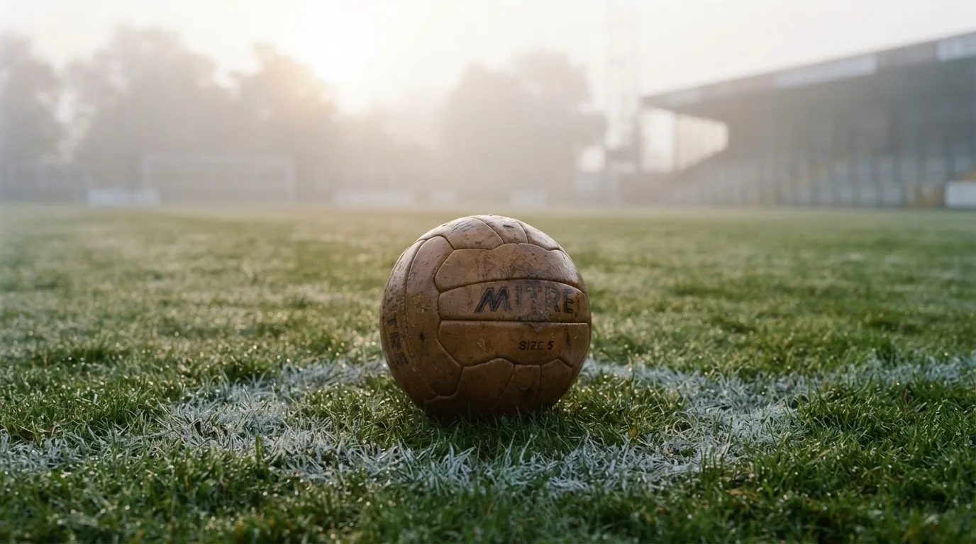 Ein abgewetzter Fußball liegt auf dem Anstoßkreis eines Naturrasens im Morgennebel.