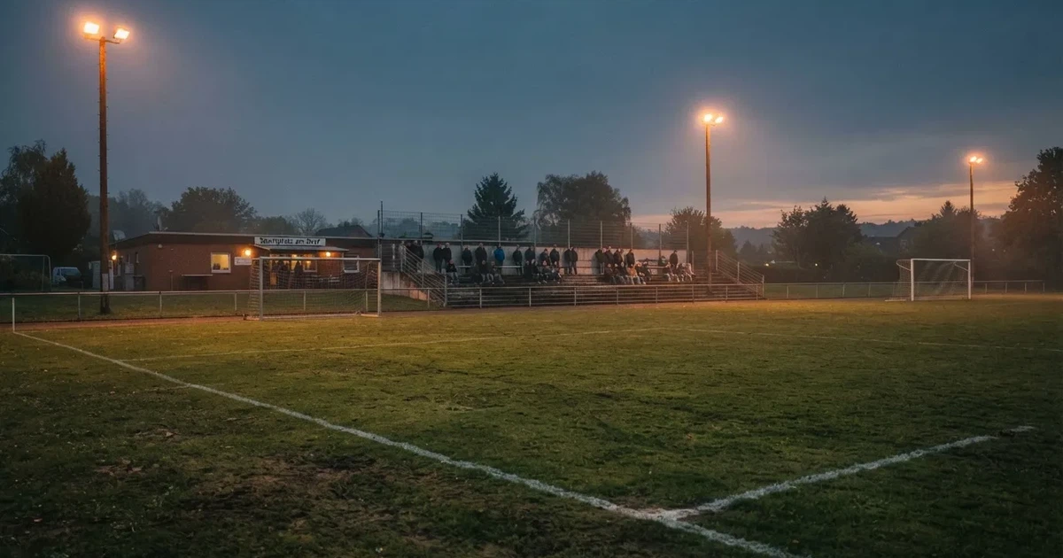 Ein einfacher Rasenplatz mit kleiner Stehtribüne und Flutlichtmasten in der Dämmerung, auf der Tribüne sitzen nur wenige Zuschauer.