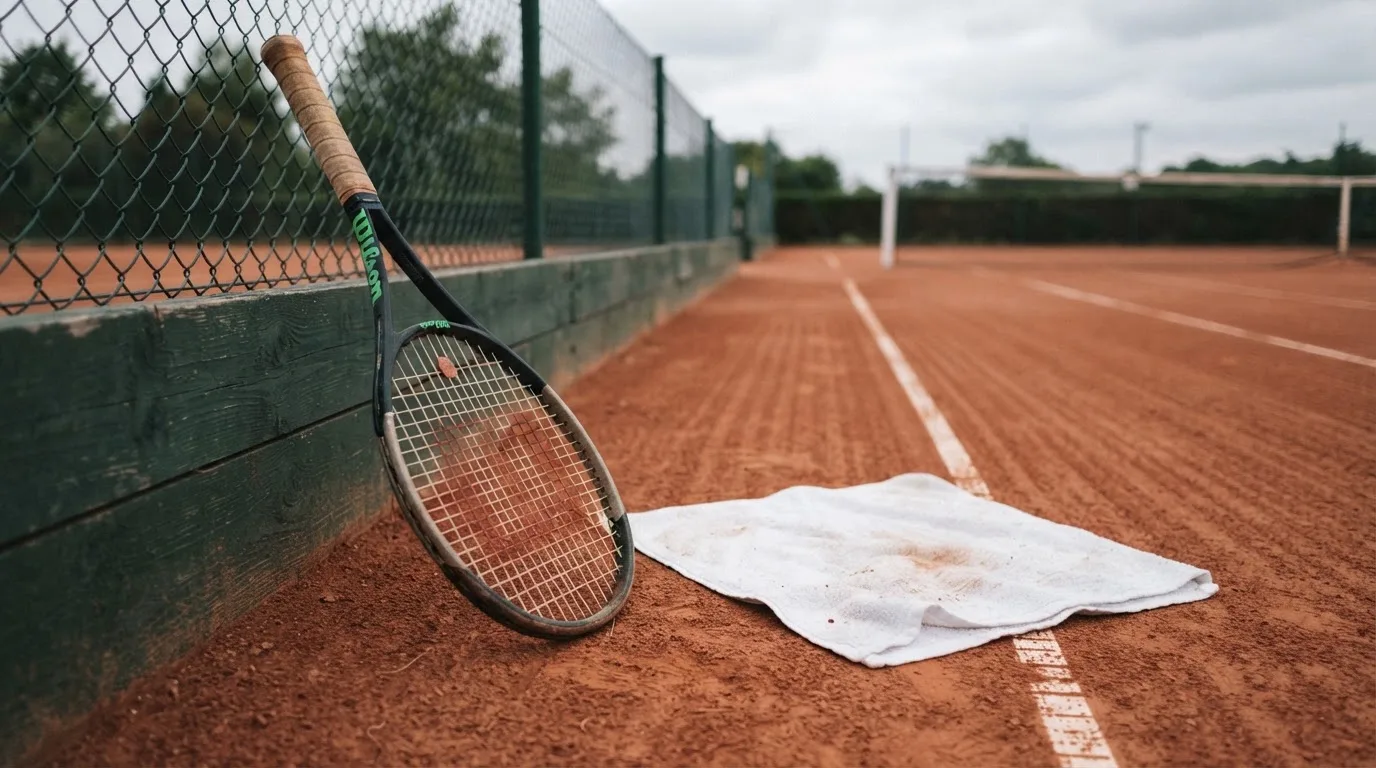 Ein Tennisschläger lehnt an einer dunkelgrünen Bande ohne Aufschrift auf einem Sandplatz, daneben liegt ein Handtuch.