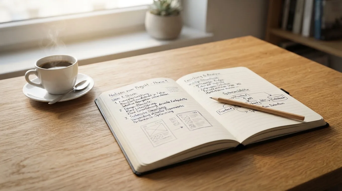 Ein aufgeschlagenes Notizbuch mit handschriftlichen Skizzen liegt neben einem Bleistift auf einem Holztisch, daneben eine Tasse Kaffee.