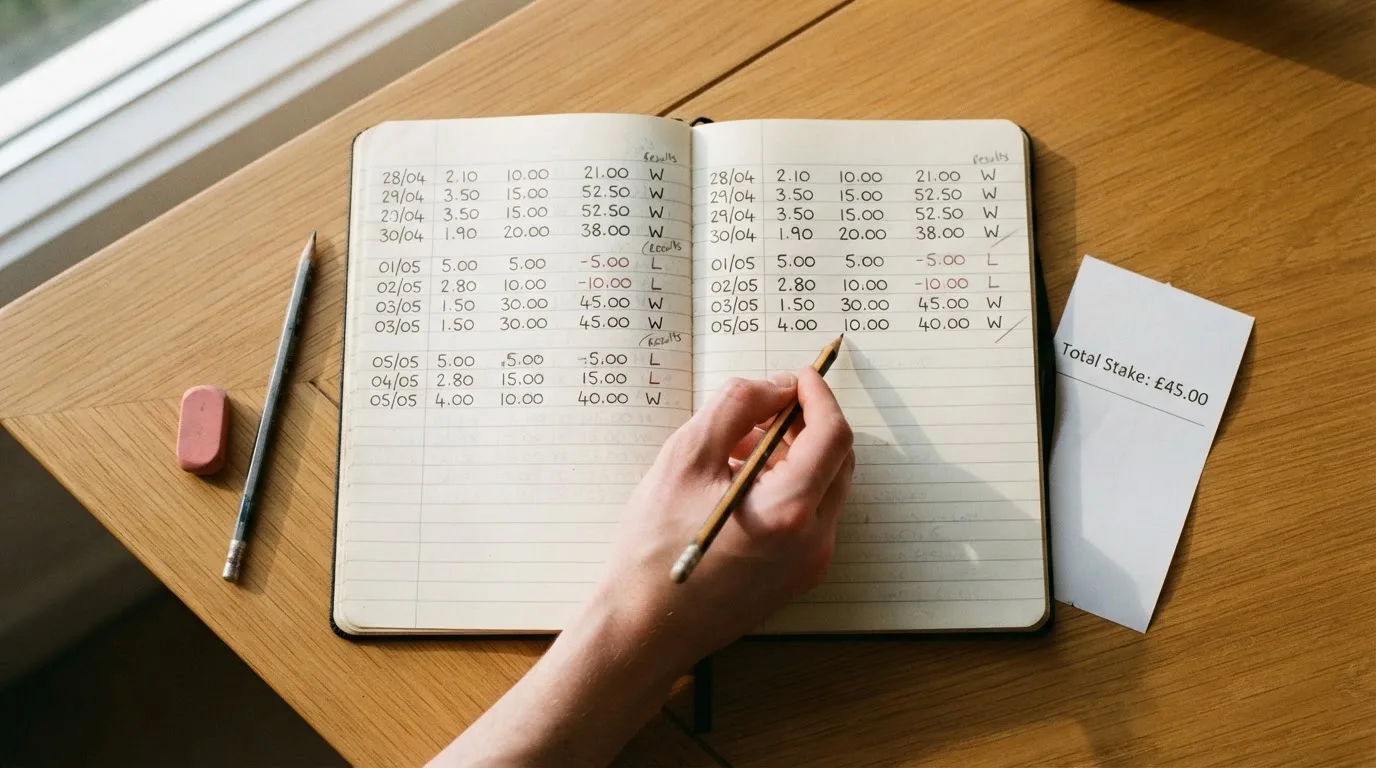 Ein Taschenrechner und ein Bleistift liegen auf einem Schreibtisch neben einem aufgeschlagenen Notizbuch mit handschriftlichen Zahlenreihen.