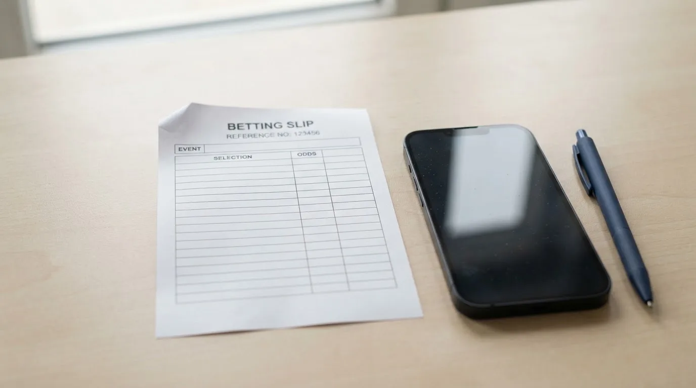 Ein leerer Papier-Wettschein liegt neben einem Smartphone mit dunklem Display auf einer hellen Tischplatte, daneben ein Kugelschreiber.