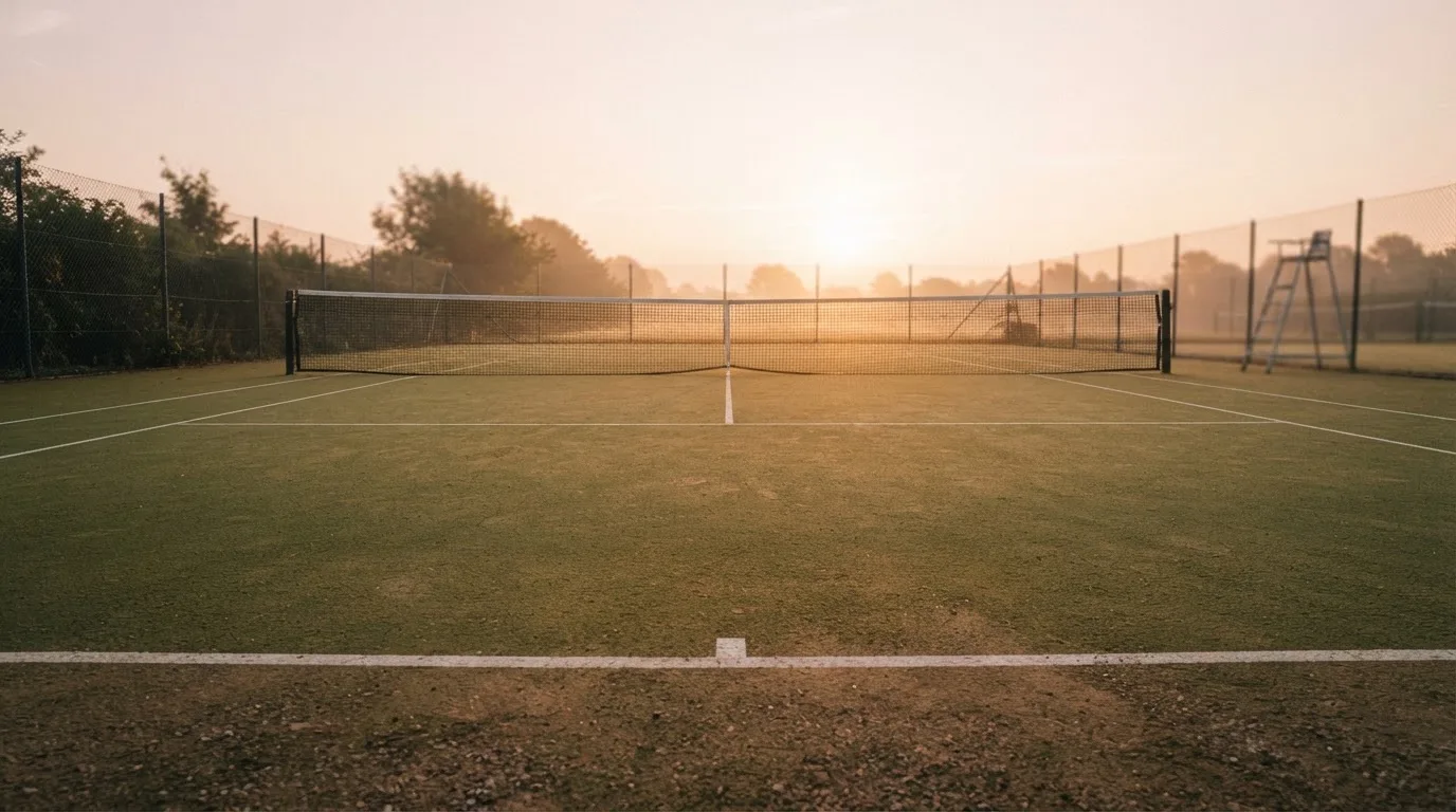 Ein Tennisplatz bei Sonnenaufgang, Netz und Grundlinien im weichen Licht, niemand ist zu sehen.