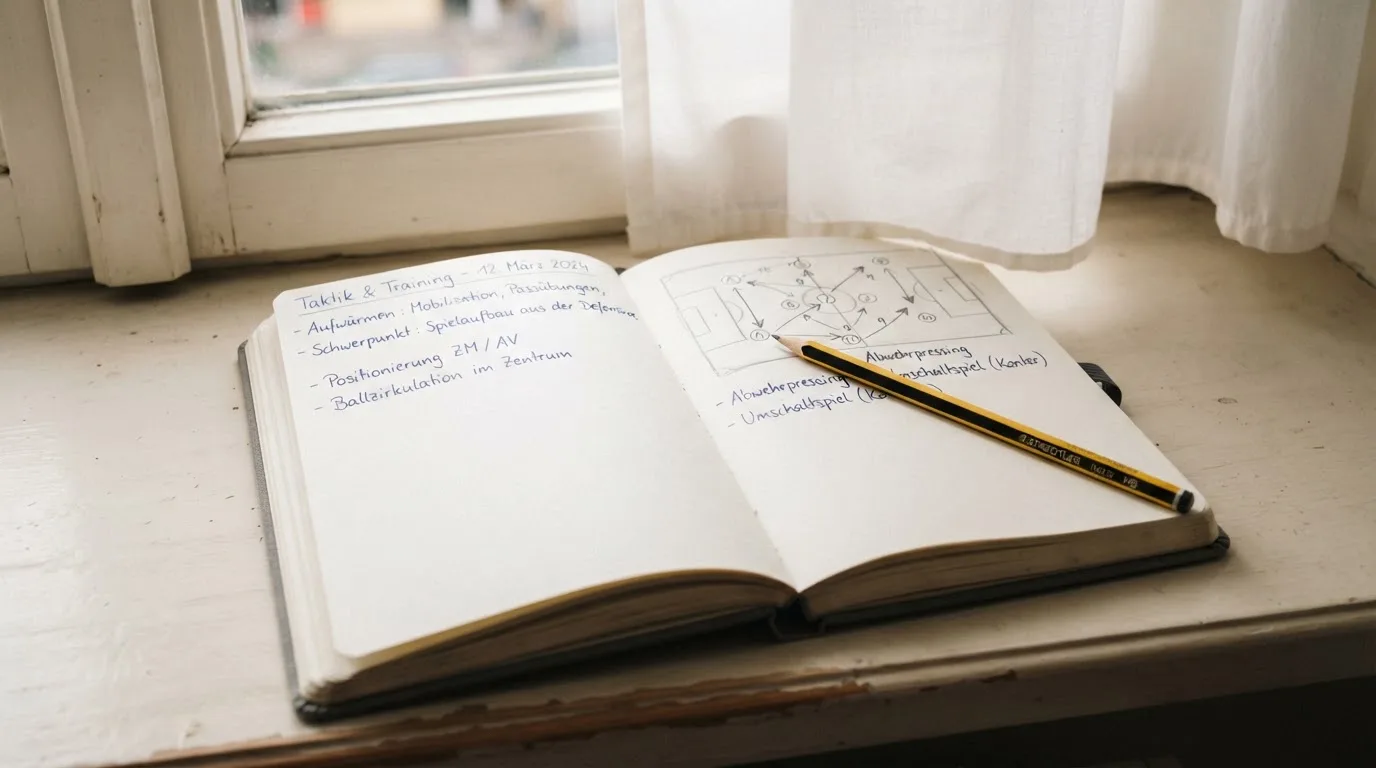Ein aufgeschlagenes Notizbuch mit handschriftlichen Skizzen und ein Bleistift liegen auf einer Fensterbank im Tageslicht.