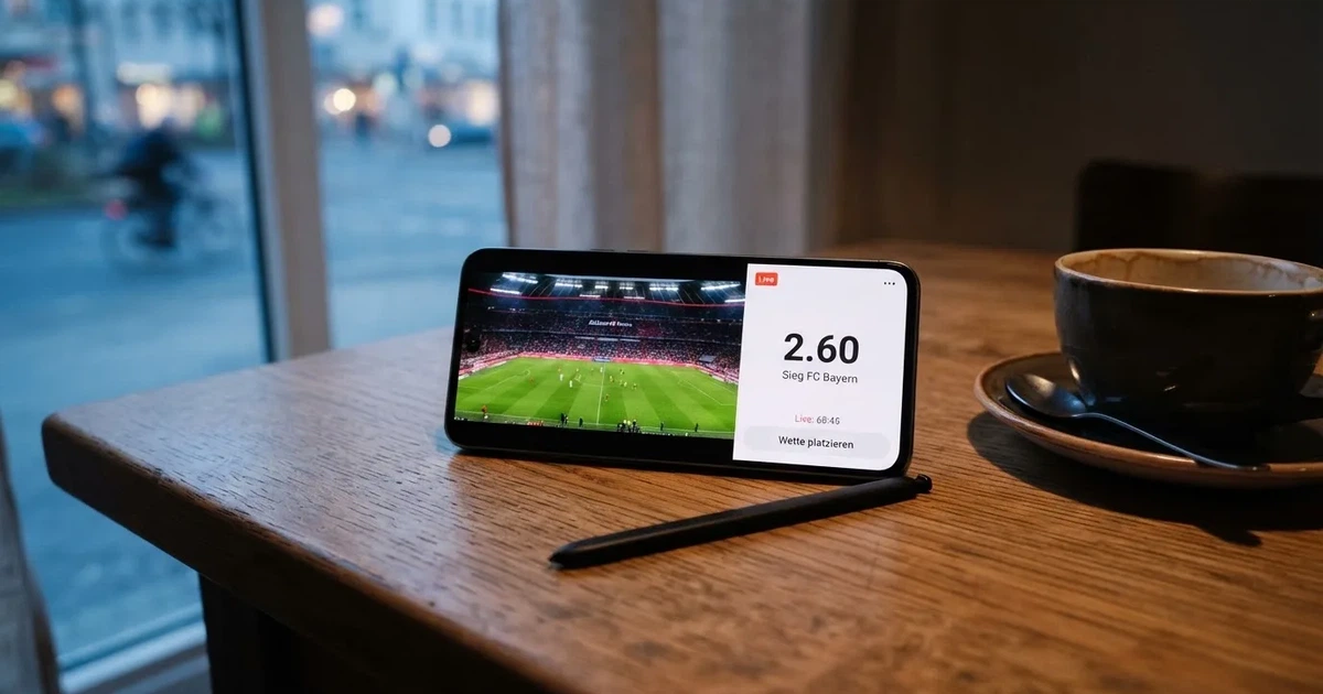 Ein Smartphone mit dunklem Display liegt auf einem Holztisch neben einer Tasse Kaffee, im Hintergrund ein unscharfes Fenster.