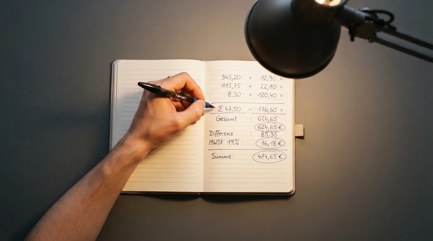 Ein Taschenrechner und ein Notizbuch mit handschriftlichen Zahlenreihen liegen auf einem Schreibtisch unter einer Lampe.