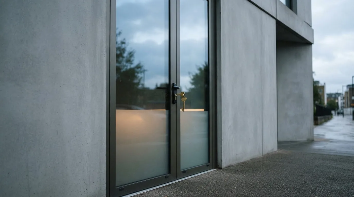 Ein Schlüssel steckt im Schloss einer geschlossenen Glastür eines Bürogebäudes, der Himmel spiegelt sich im Glas.