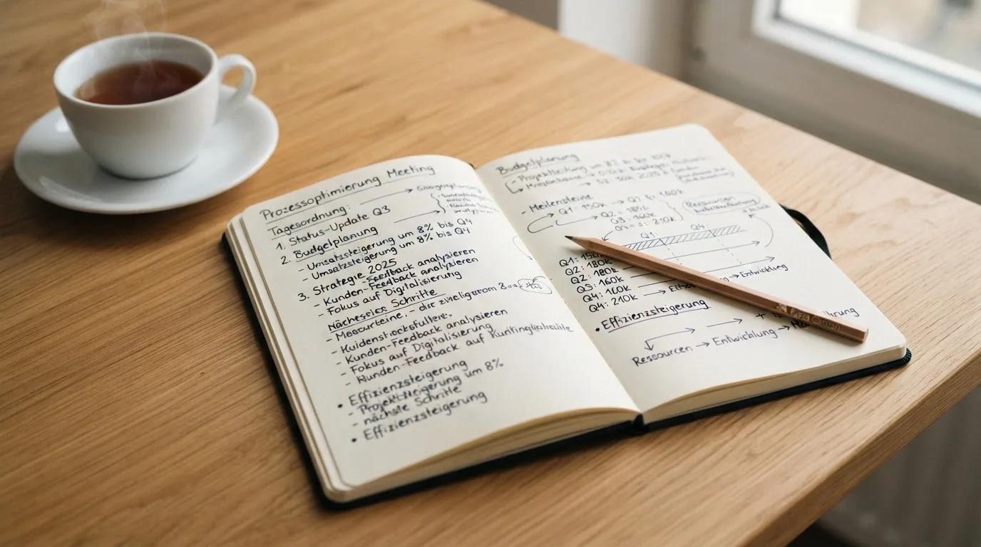 Ein aufgeschlagenes Notizbuch mit handschriftlichen Skizzen und ein Bleistift liegen auf einem Schreibtisch neben einer Tasse Tee.
