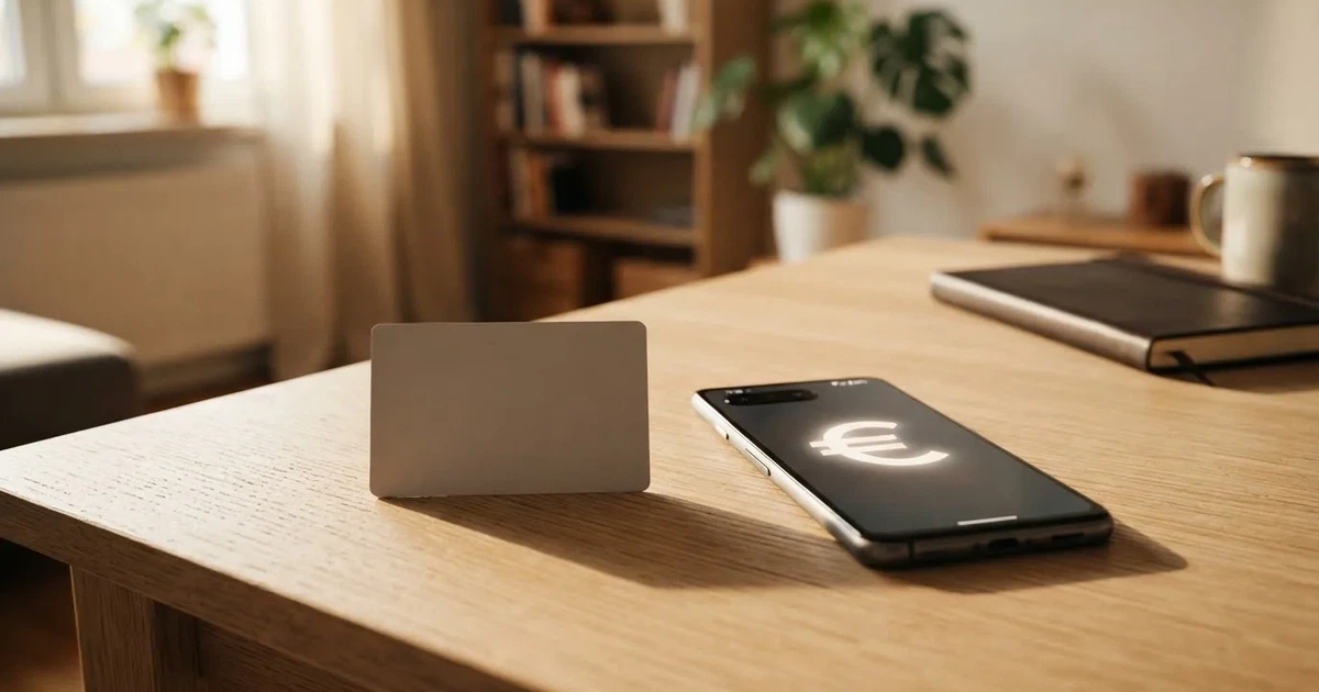Eine Plastikkarte ohne Aufdruck liegt neben Münzen und einem Smartphone mit dunklem Display auf einem hellen Tisch.