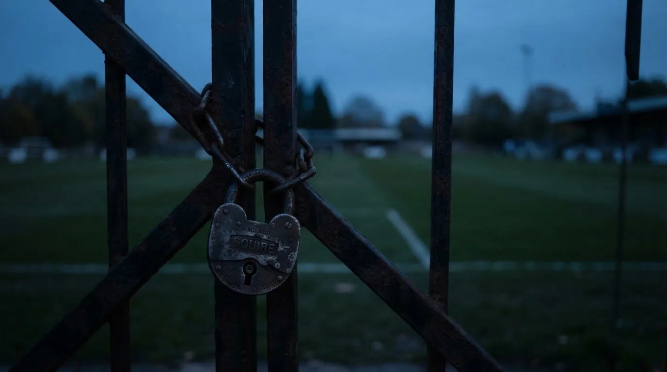 Ein Vorhängeschloss hängt an einem Metalltor in der Dämmerung, im Hintergrund unscharf ein leerer Fußballplatz.