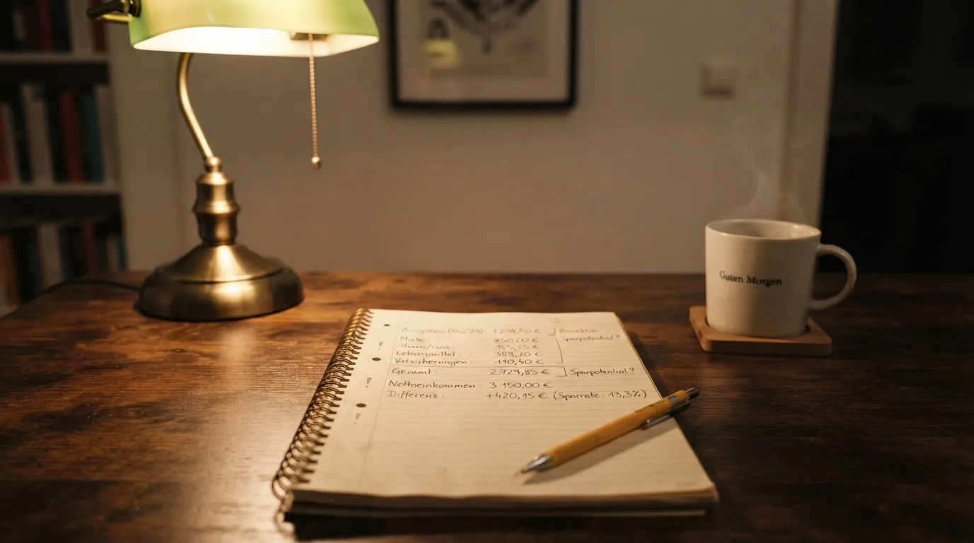 Ein Taschenrechner und ein Bleistift liegen auf einem Schreibtisch neben einer Tasse Kaffee im Licht einer Lampe.