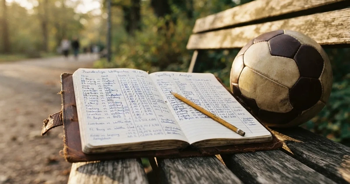 Ein Notizbuch mit handschriftlichen Zahlenkolonnen und ein Bleistift liegen neben einem Fußball auf einer Holzbank.