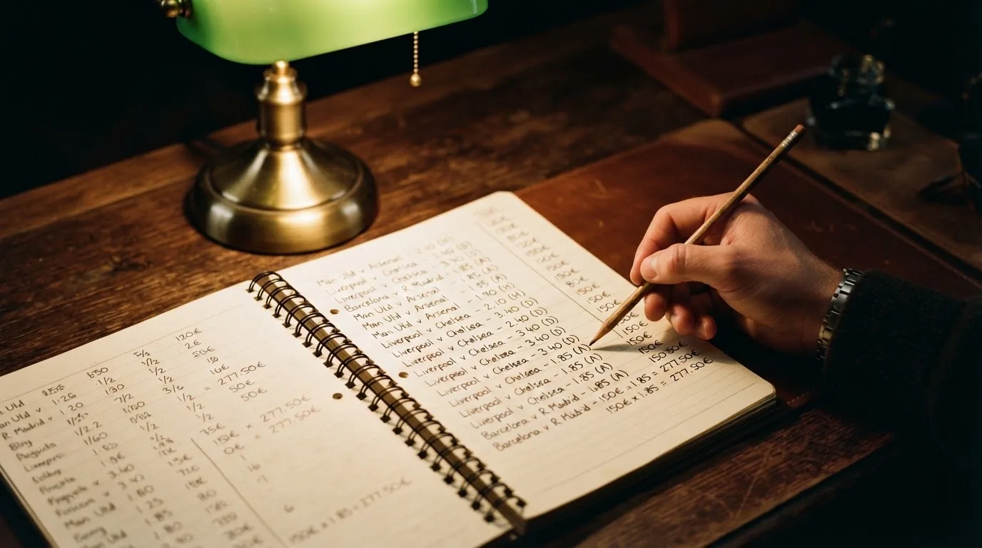 Ein Taschenrechner und ein aufgeschlagenes Notizbuch mit handschriftlichen Zahlenreihen liegen unter einer Schreibtischlampe.