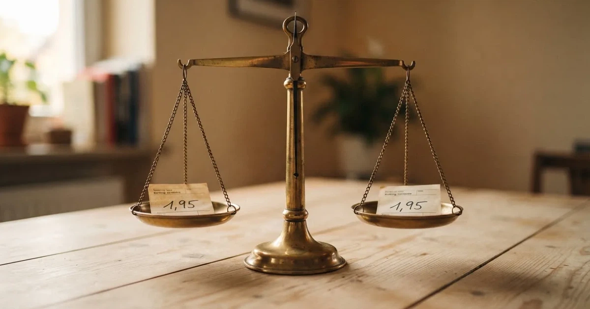 Eine Balkenwaage aus Messing steht im Gleichgewicht auf einem hellen Tisch, links und rechts je eine Münze, dahinter eine unscharfe Wand.
