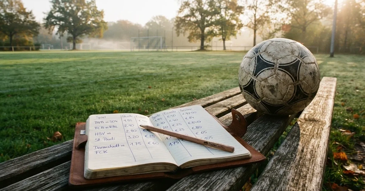 Ein Notizbuch mit handschriftlichen Zahlenkolonnen und ein Bleistift liegen neben einem Fußball auf einer Holzbank.