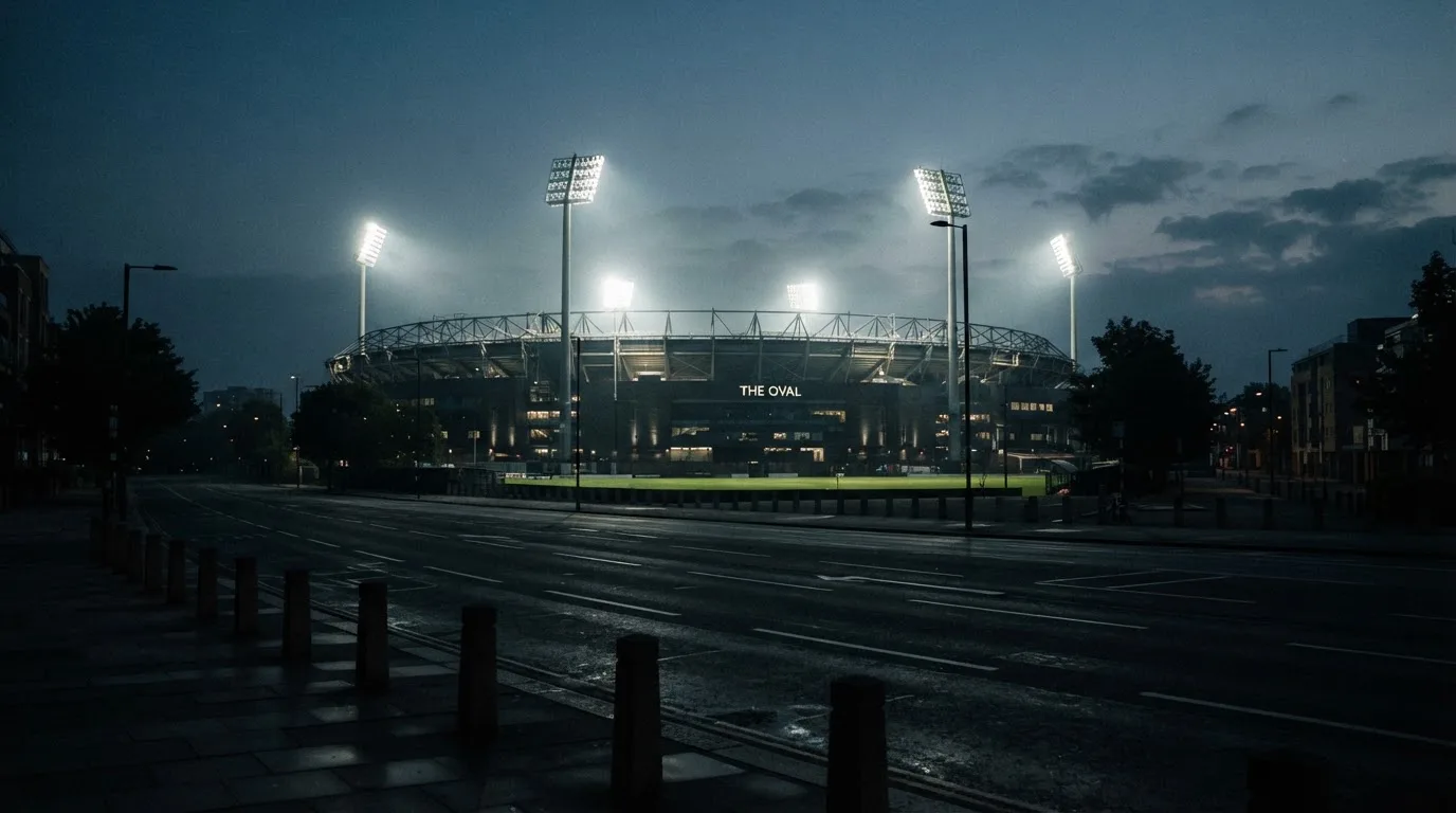 Ein Stadion unter Flutlicht aus der Ferne gesehen, davor eine leere Straße in der Abenddämmerung mit leichtem Dunst.