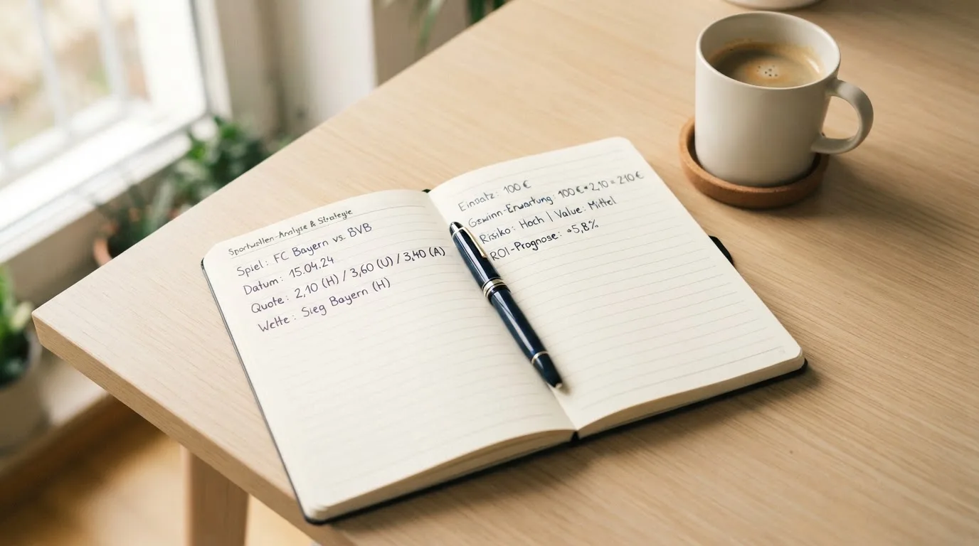 Ein Notizbuch mit handschriftlichen Rechnungen und ein Taschenrechner liegen auf einem hellen Schreibtisch neben einer Kaffeetasse.