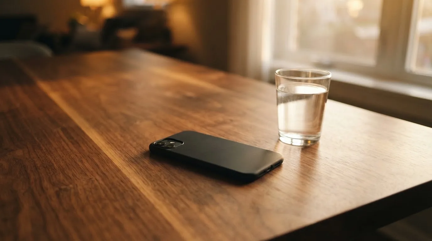 Ein Smartphone liegt mit dem Display nach unten auf einem Holztisch neben einem Glas Wasser, Abendlicht fällt durch ein Fenster.