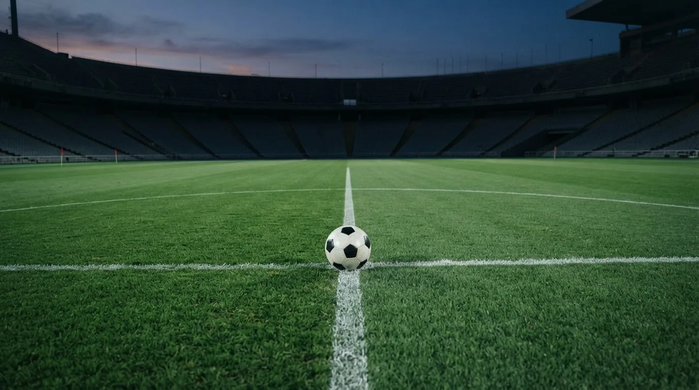 Ein Fußball liegt auf dem Anstoßpunkt eines leeren Rasenplatzes, dahinter ragen dunkle Ränge in den Abendhimmel.