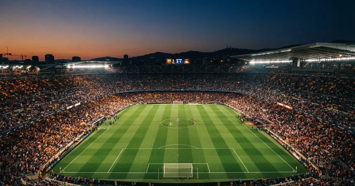 Ein Fußballstadion am Abend unter Flutlicht aus der Ferne gesehen, die Tribünen sind leicht beleuchtet und der Himmel dunkelblau.