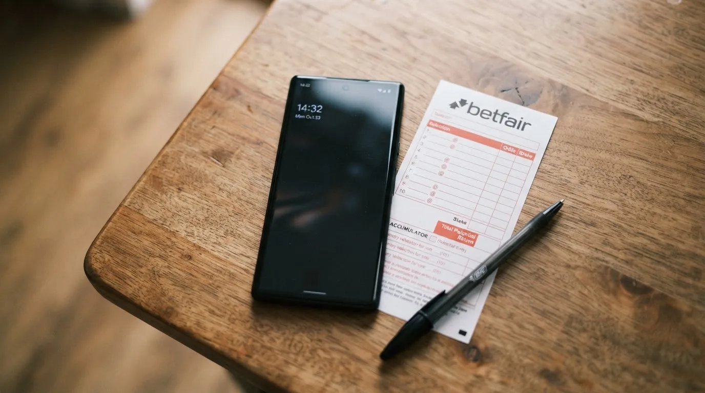 Ein Smartphone mit dunklem Display liegt neben einem leeren Papier-Wettschein und einem Stift auf einem Holztisch.