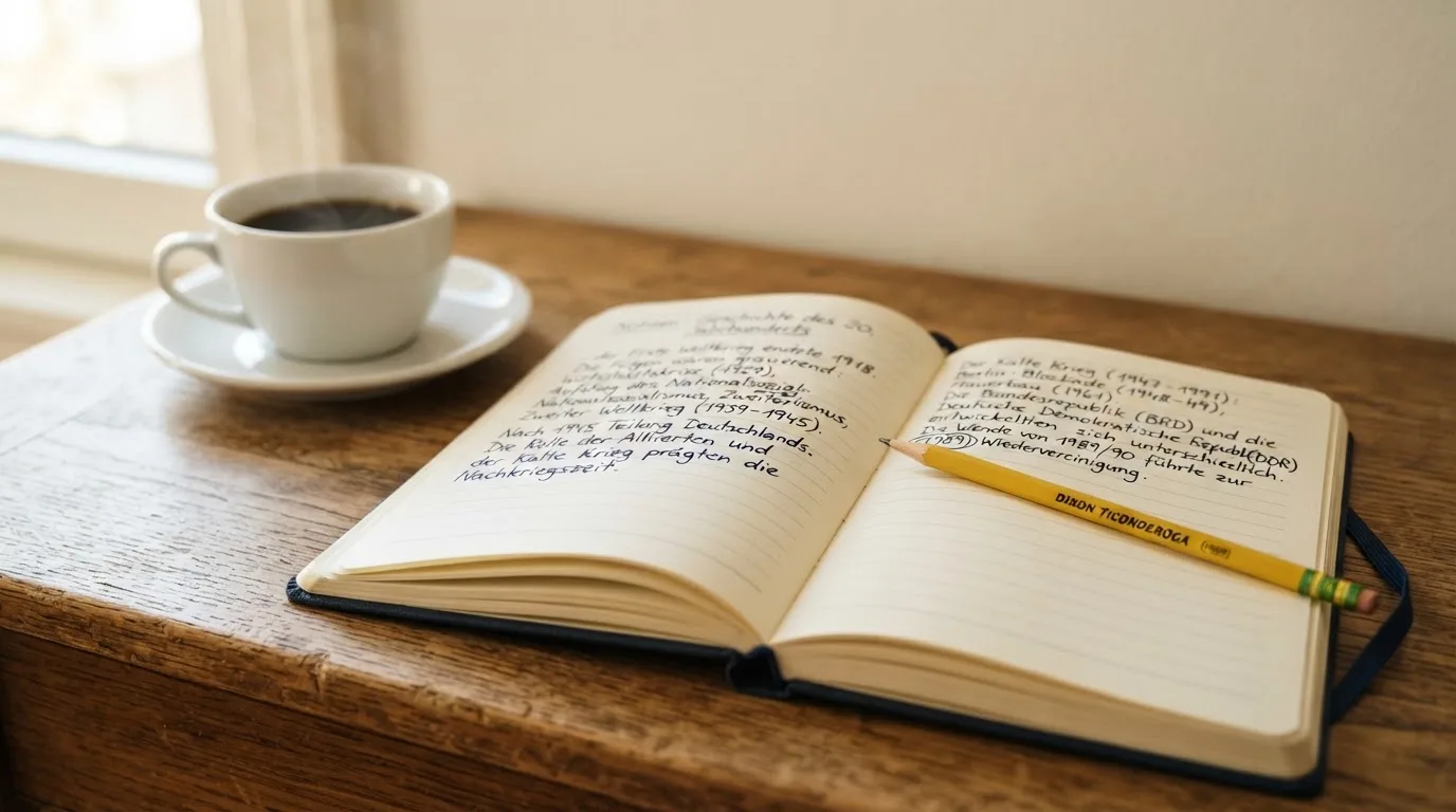 Ein Notizbuch mit handschriftlichen Notizen und einem Bleistift liegt auf einem Tisch, daneben steht eine Kaffeetasse im Morgenlicht.